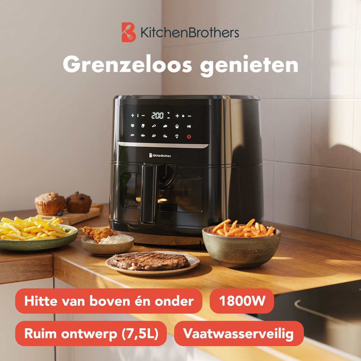 Afbeelding 2 van KitchenBrothers Airfryer XXL - 1800W - 7.5L - Heteluchtfriteuse - Dual Heating - 50ºC tot 200ºC - 10 Kookprogramma's - Zwart