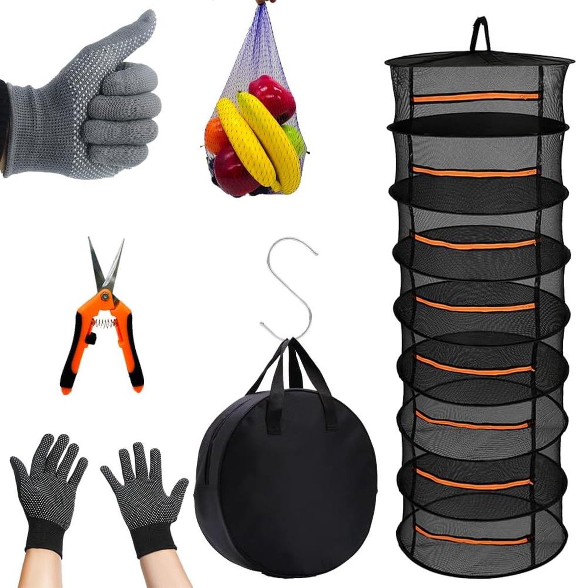 Goedkoopste Droogrek net met 8 lagen - 17 m - opknoping planten droogrek - haak knop trimmen - schaar - opbergtas en handschoenen - voor het drogen van zaden, groenten en fruit.