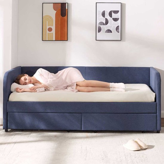 Kajuitbed Spector - 90 x 200 cm - Met opberglades - Blauw - Emob Exclusive - Eenpersoons gestoffeerd bed - Blauw - Stof; MDF Eenpersoons Normaal bed