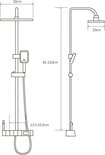 Technische tekening van een douchesysteem met afmetingen.