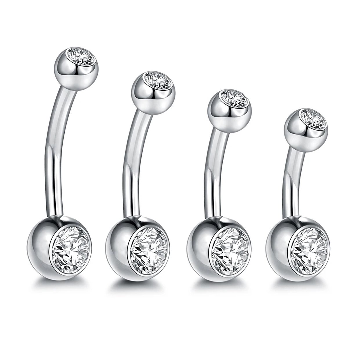 Navelpiercing chirurgisch staal Zilver - 4 pack 6 mm & 8 mm & 10 mm & 12 mm - Enige leverancier van deze afmetingen 0 navelpiercings met 2 Zirkonia balletjes met steentje