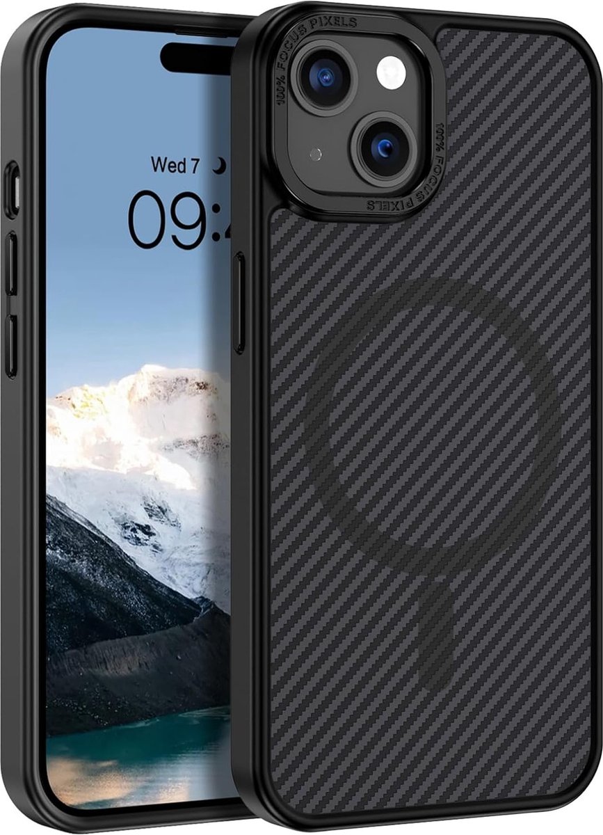 BixB Hoesje geschikt voor iPhone 16 Magsafe met Carbon print - Backcover TPU case - Zwart