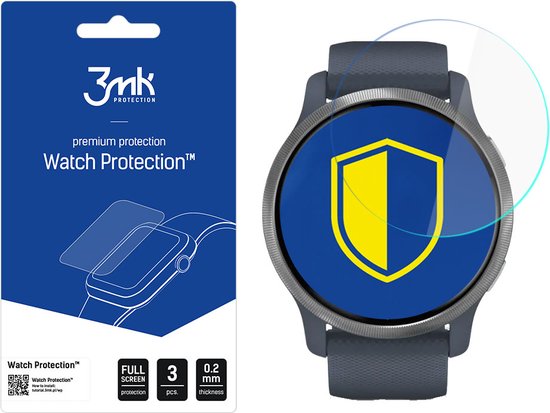 Watch Protection screenprotector met schildlogo op een smartwatch.