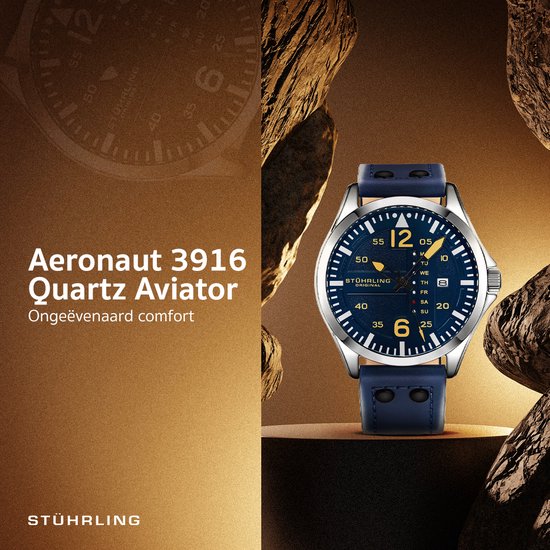 Stuhrling Aeronaut 3916 Quartz 43mm Aviator Horloge Horloge Heren Horloges voor. bol