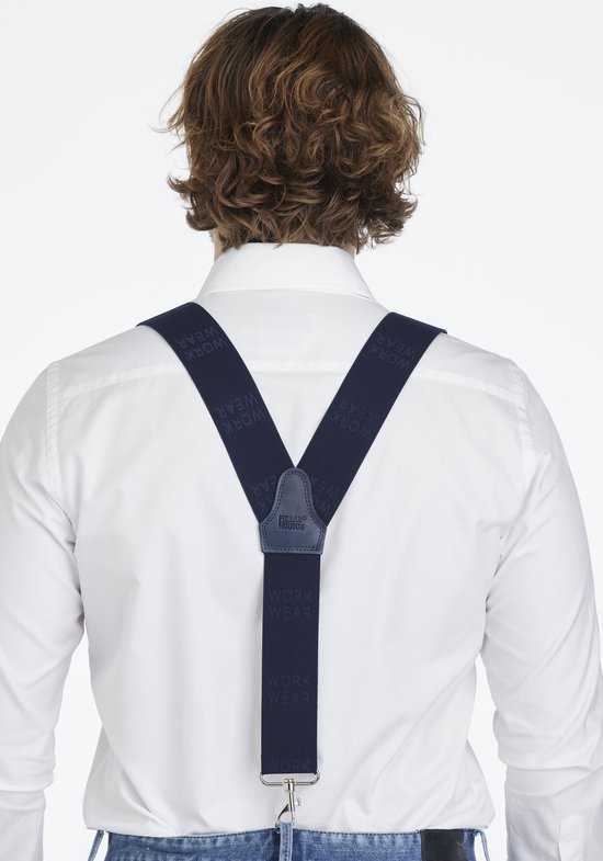 Donkerblauwe bretels met 'WORK WEAR' print en een lederen kruisje met logo.