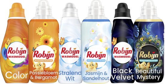 Foto: Robijn perfect match wasmiddel en wasverzachter voordeelpakket stralend wit black velvet en color de ideale combinatie 6 stuks