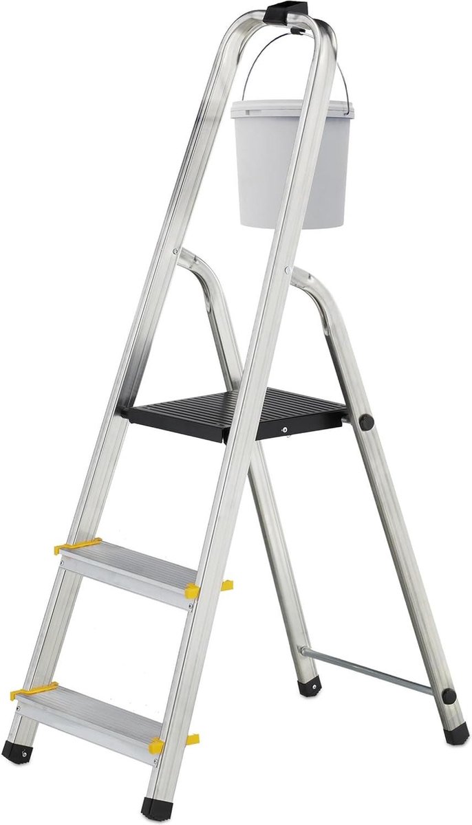Inklapbare huishoudtrap 3 treden met leuning 150 kg HBD 116 x 405 x 61 cm keukentrap zilver zwart
