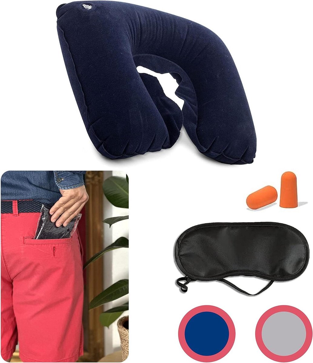 Opblaasbaar en opvouwbaar nekkussen voor reizen - Marineblauw - Incl. oordopjes en oogmasker