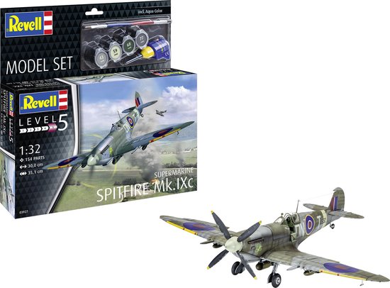 Revell modelbouwpakket van een Supermarine Spitfire Mk.IXc schaal 1:32. Het pakket bevat verf en kwastjes.