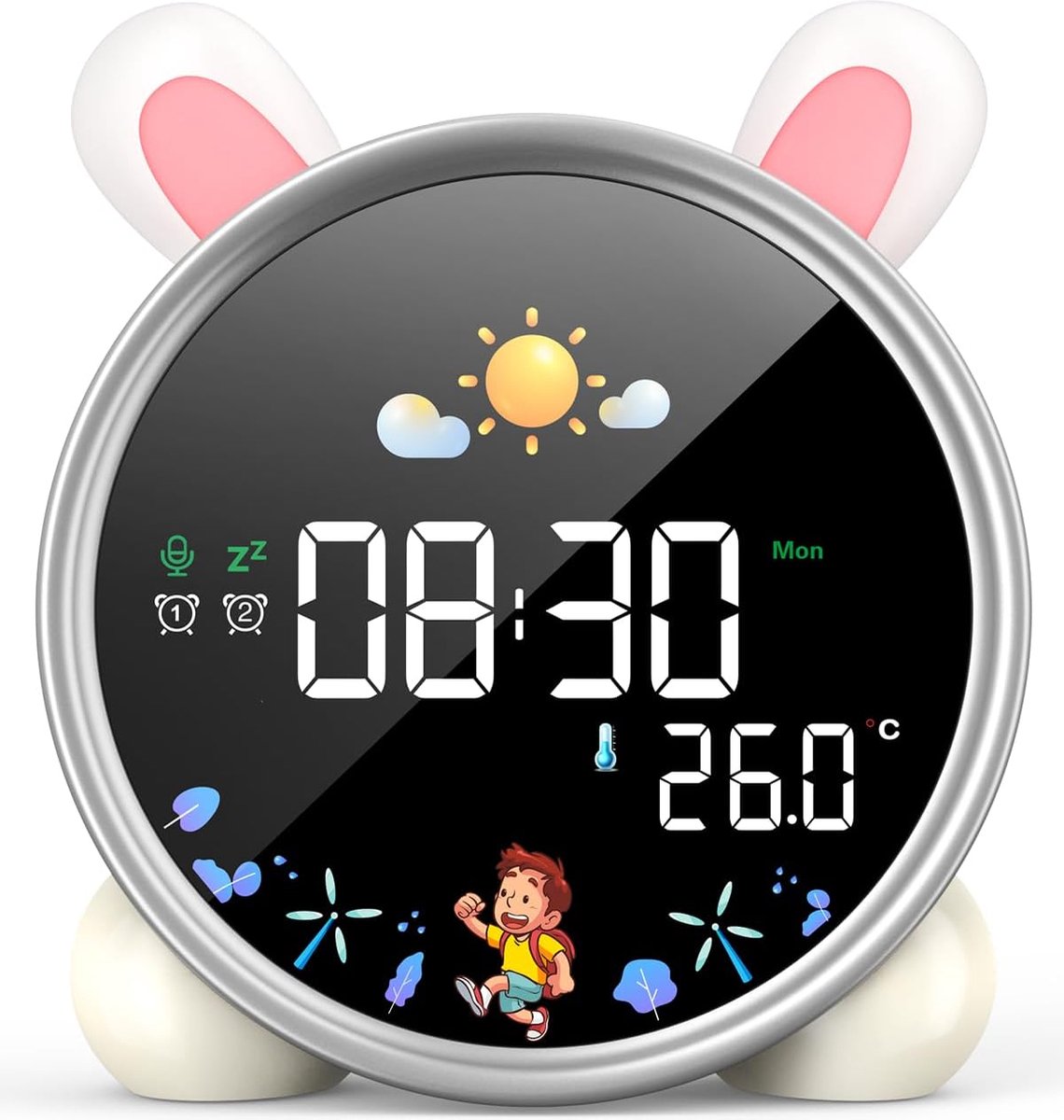Kadoing® Réveil Enfant Ours (blanc) - avec Expressions Faciales et Fonction Tapotement - Lumière de Réveil - Entraîneur de Sommeil - Veilleuse - Jouet Numérique