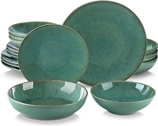 Service de table de luxe LBB - 32 pièces - 8 personnes - Porcelaine - Service d'assiettes - Assiettes plates - Assiettes à dessert - Bols - Set - Vert