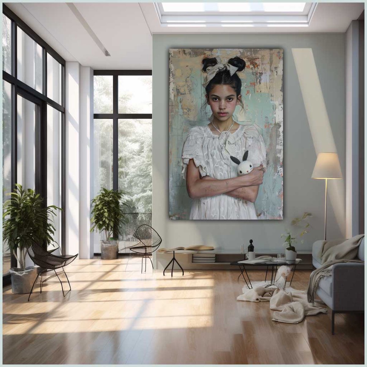 Canvas schilderij - Canvas - Staand - 50 x 70 cm - Portret - Vrouw - Konijn - Kunst - Stijl Frida Kahlo - Mexicaans - Wanddecoratie - Muurdecoratie woonkamer - Uniek - Exclusief -Picturetopicture