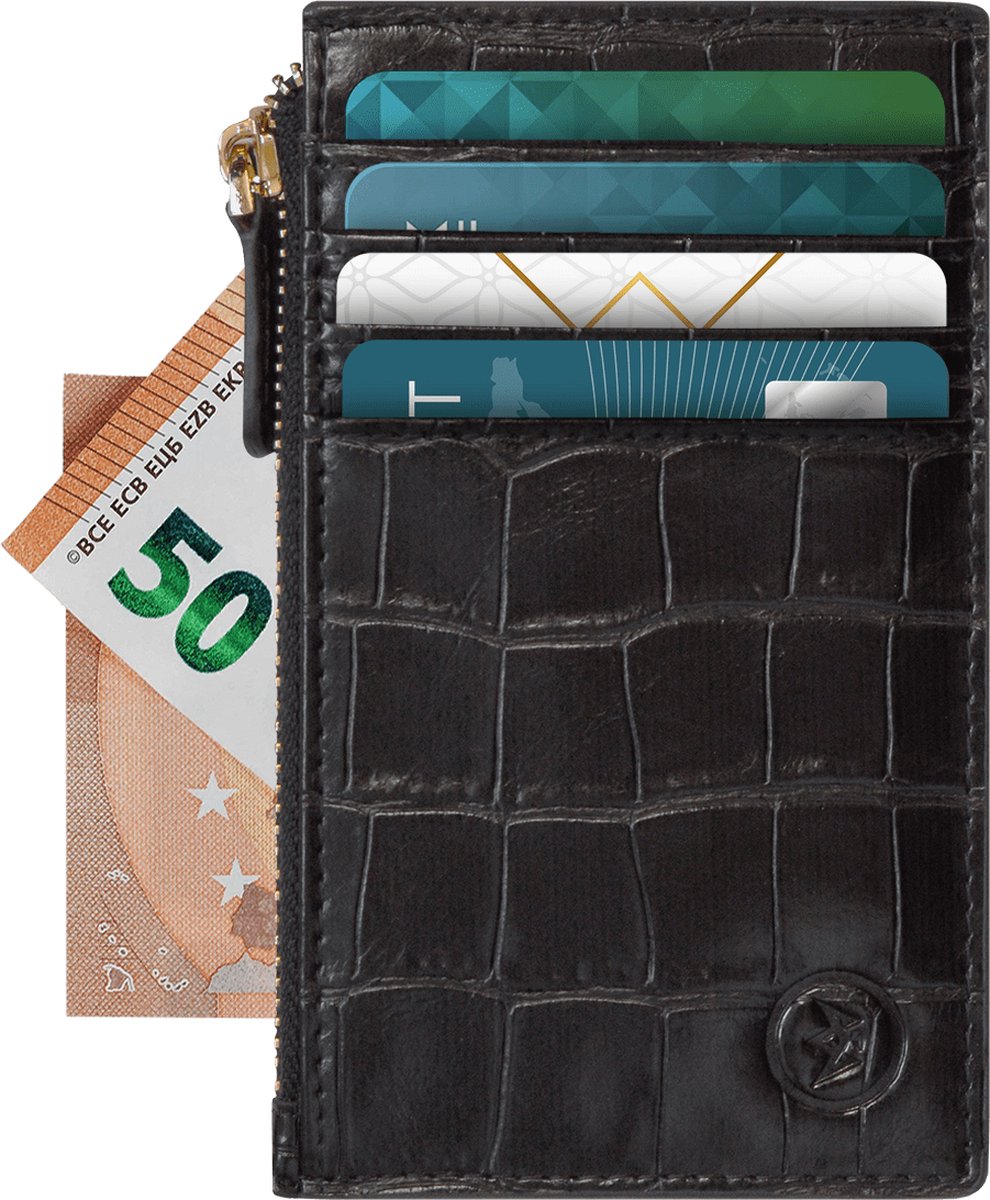 Prowallet Lite - Pasjeshouder met Rits - Ruimte voor Briefgeld, Muntgeld en pasjes - Croco Black Leather - Dames Mini Portemonnee en Pashouder - Creditcardhouder
