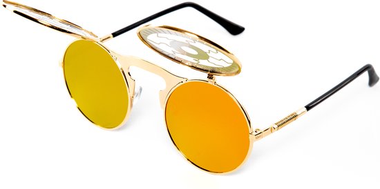 KIMU Flip Up Zonnebril Ogen - Goud Montuur - Zilver Oranje Glazen - Illuminati Derde Oog Mysterie Steampunk Vintage Retro Opplakbaar Bril Festival van KIMU — afbeelding 3