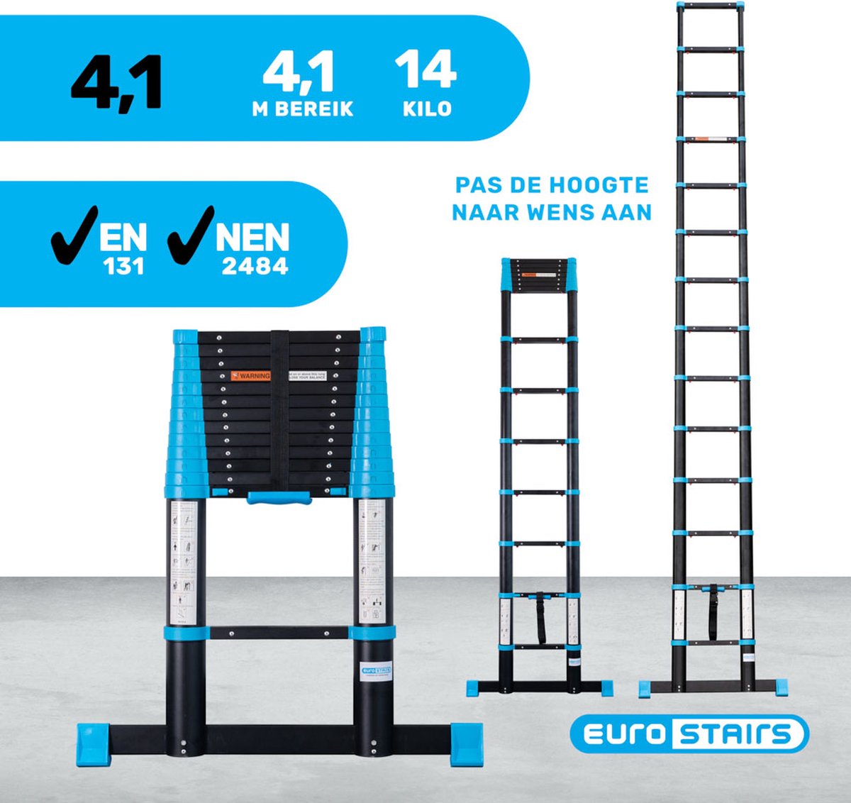 Telescoopladder Eurostairs | Vouwladder 4,1 meter | 14 treden met softclose – foto 3