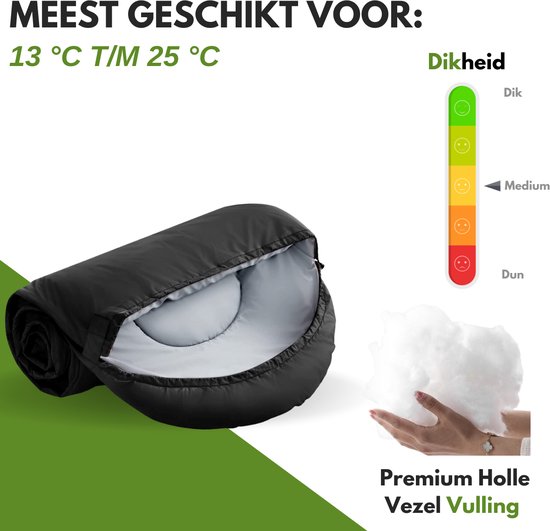 Zwarte slaapzak, deels opgerold, met grijze voering. "Premium Holle Vezel Vulling" en dikteschaal.