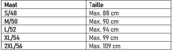 Maattabel met maten S/48 tot 2XL/56 en bijbehorende maximale tailleomtrek in cm.