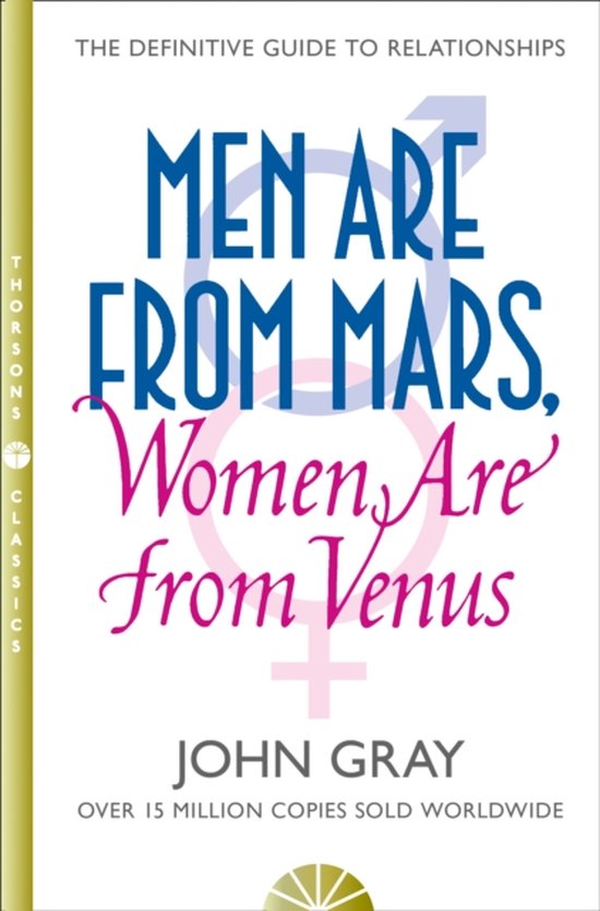 Boekomslag van 'Men Are from Mars, Women Are from Venus' van John Gray. Centraal staan de titels in blauw en roze, met de mannelijke en vrouwelijke symbolen erachter.