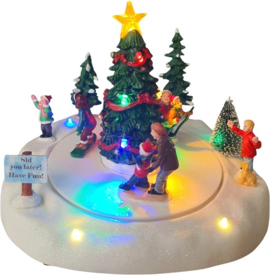 Kerstdorp Kinderen en kerstboom Led met muziek 20,5x18,5x17cm