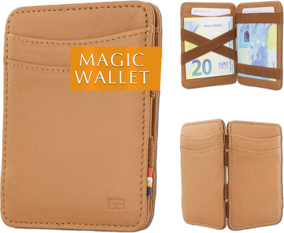 Hunterson compacte Portemonnee voor heren en dames uit leder, Kaarthouder met RFID-bescherming, Portefeuille met plaats voor 8 kaarten, Magic Wallet, Cognac