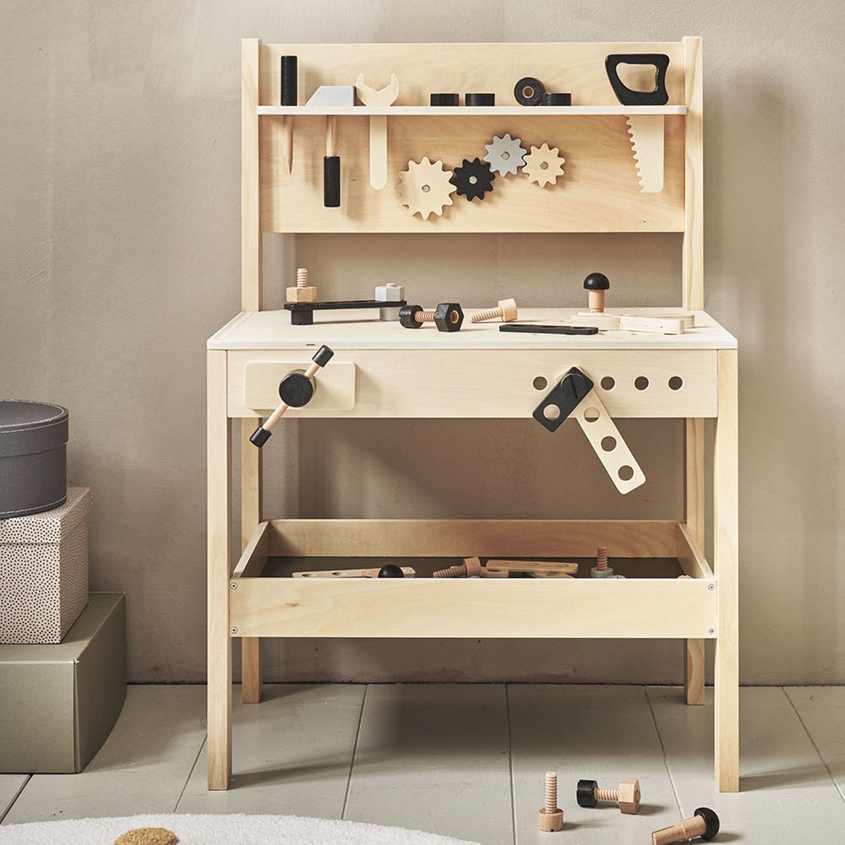 Petite Amélie Werkbank Speelgoed Naturel & Zwart - Incl. 41 stuks Kinder Gereedschap - Stevig van Plywood - Perfecte Hoogte voor de Kleine Klusser — afbeelding 6