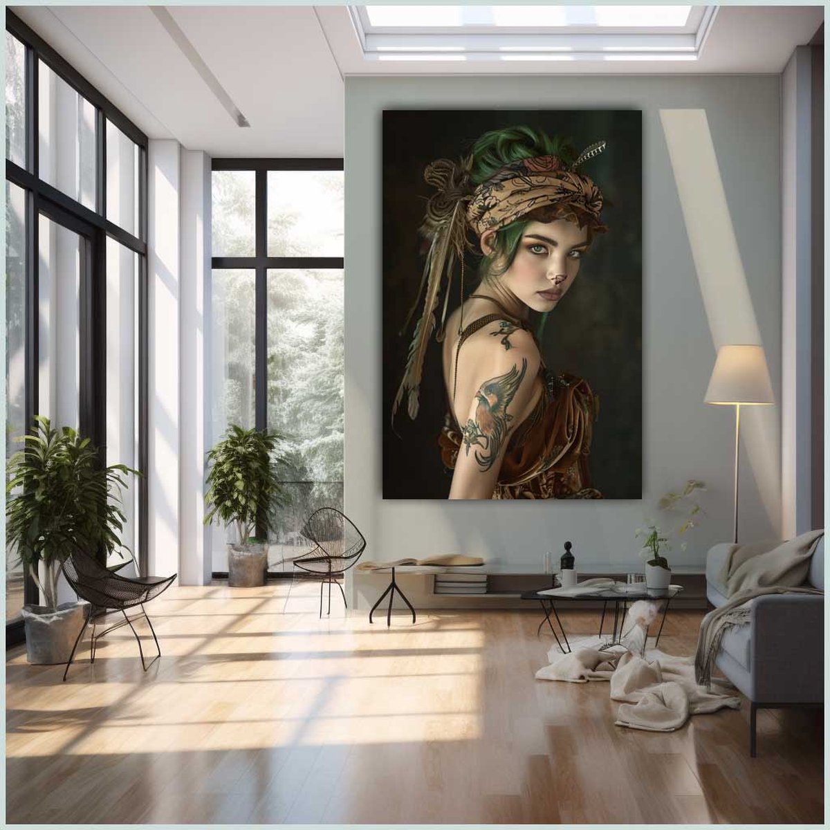 Canvas schilderij - Canvas - Staand - 50 x 70 cm - Portret - Vrouw - Bandage - Hoofddoek - Tattoo - Modern - Wanddecoratie - Muurdecoratie woonkamer - Uniek - Exclusief -Picturetopicture