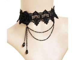 Plux Fashion Steen Zwarte Roos Choker - Zwart - 3cm/34cm + 7cm hangstuk - Sieraden - Stras Stenen - Fancy Choker - Choker - Stoffen Choker - HipHop Choker - Sieraden Cadeau - Duurzame Kwaliteit - Halloween - Oktoberfeest - Kerst - Halloween kostuum