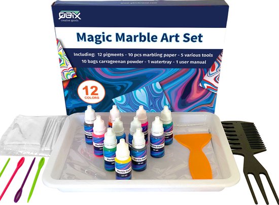 QBIX Magic Marble Art Set: 12 verfkleuren, marmerpapier, waterbakje, kam, naaldjes, pipetten en spatel.