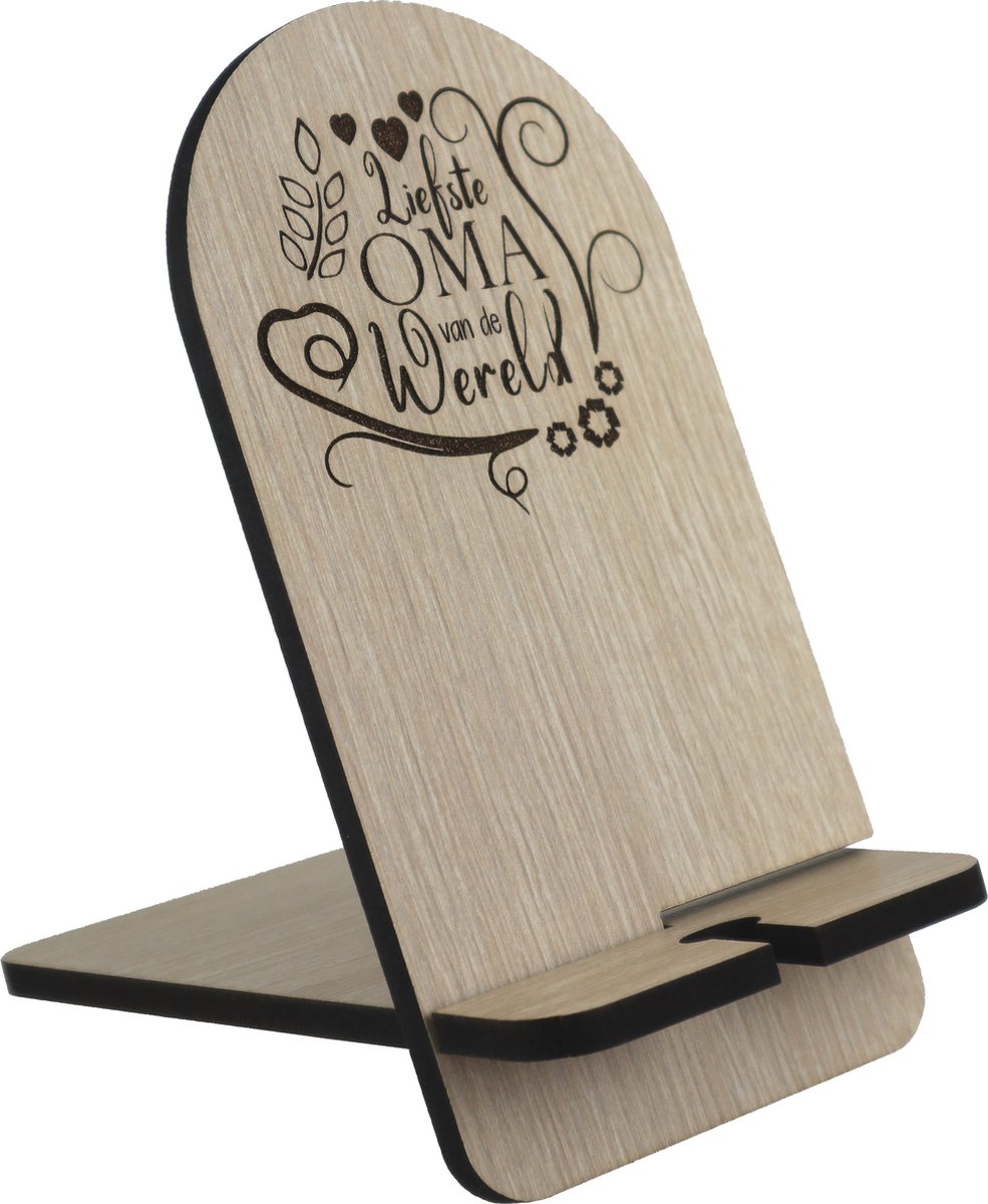 Houten Telefoonstandaard Oma | Liefste Oma van de Wereld| Perfect Moederdag Cadeau, Kerstcadeau of Verjaardagscadeau | Smartphonehouder