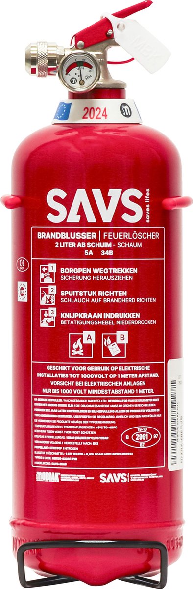 SAVS Brandblusser schuim 2 liter - 5A 34B - Met montagebeugel - Europese productie - Schuimblusser