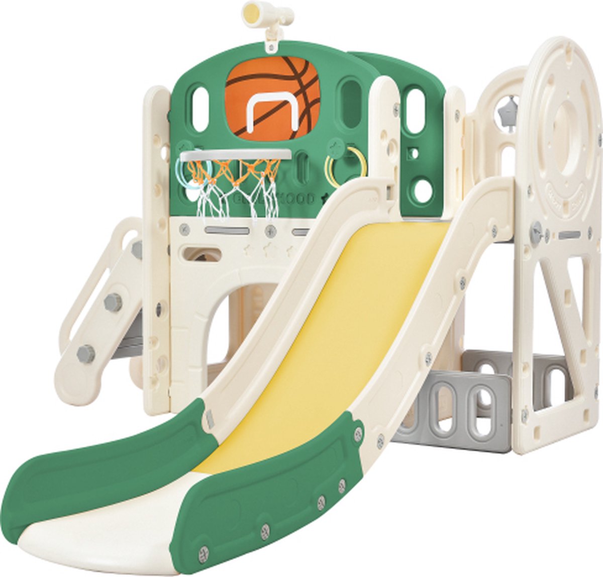 Lovellia multifunctionele kinderglijbaan uitgerust met lange glijbaan opbergdoos tunnel trap basketbalring en tunnelgedeelte 110cn hoog geschikt voor kinderen van vele leeftijden eenvoudig te monteren groen