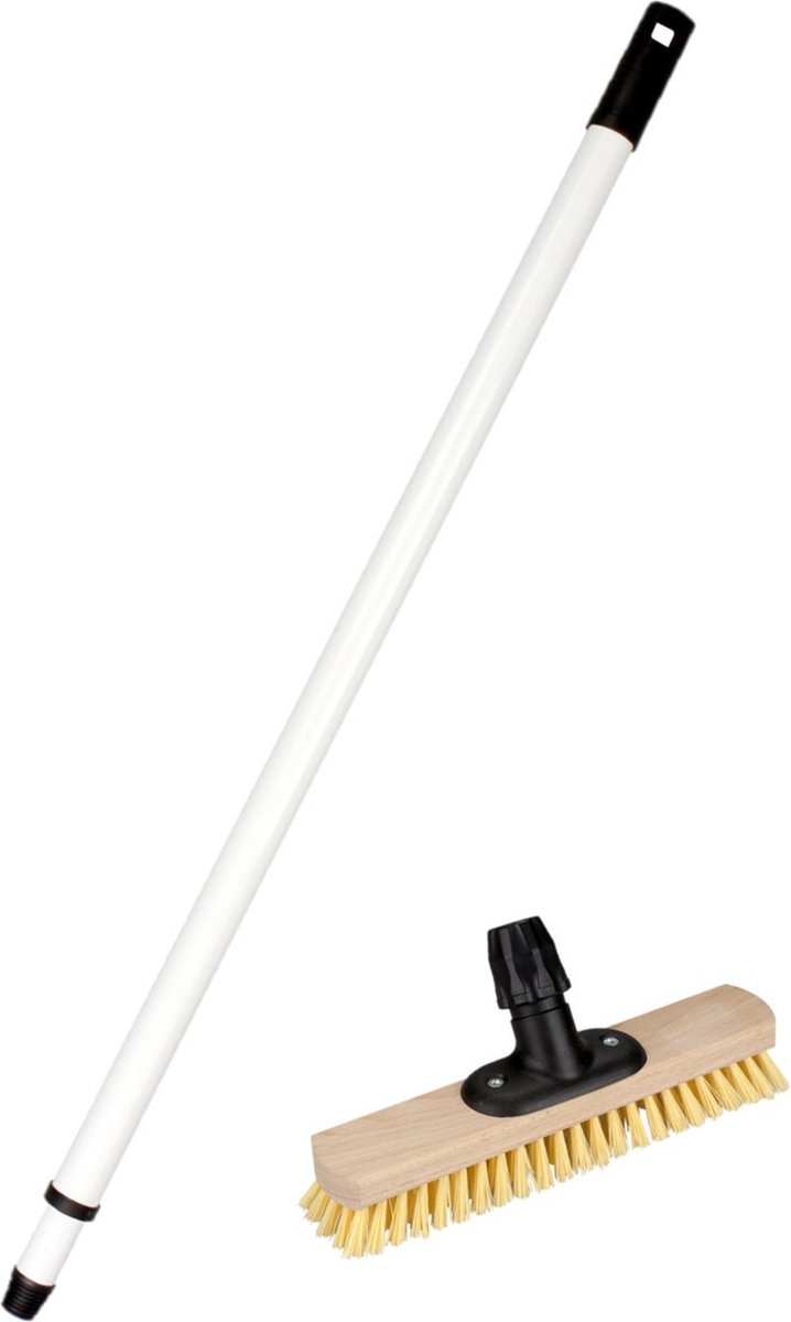 Goedkoopste Houten schrobborstel/schrobber inclusief metalen telescoopsteel wit 130 cm - Schoonmaakborstels