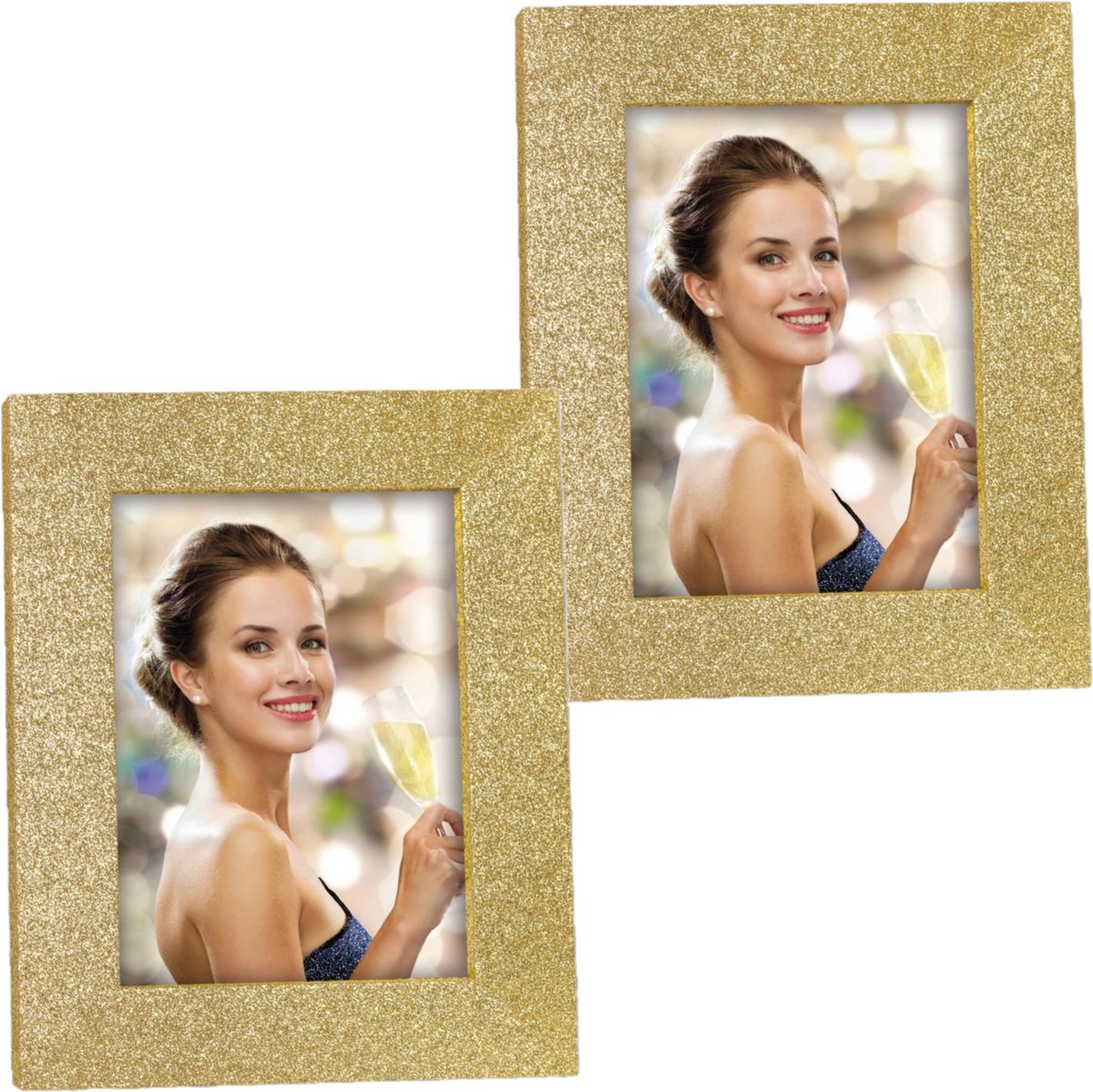 Zep Fotolijstje goud met glitters - 2x stuks - hout - 21 x 25 cm - geschikt voor foto van 15 x 20 cm - staand / hangend Goudkleurig