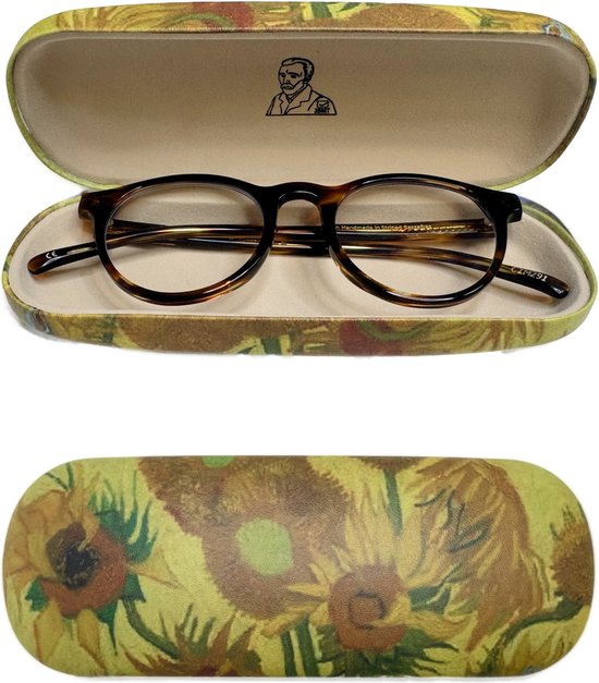 Open brillenkoker met zonnebloemenprint, met een bril erin en gesloten brillenkoker.