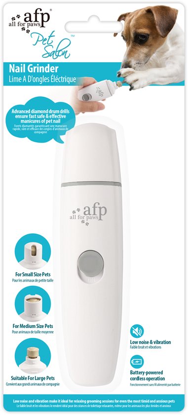 Verpakking voor AFP Pet Salon Nail Grinder met afbeelding van hond en nagelvijl.
