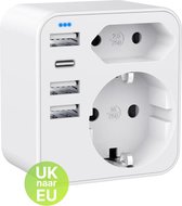 HB Reisstekker type G - UK naar EU Wereldstekker - Reisstekker Engeland - Alles-in-één Reis Stekker - USB & USB-C - 6 Aansluitpunten - Multifunctionele Reis Adapter