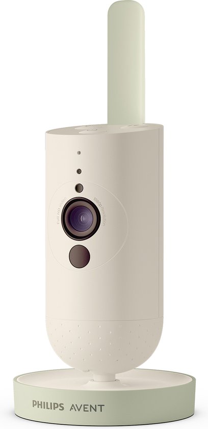 Philips Avent babyfoon camera in crèmekleurig met lichtgroene basis en antenne.