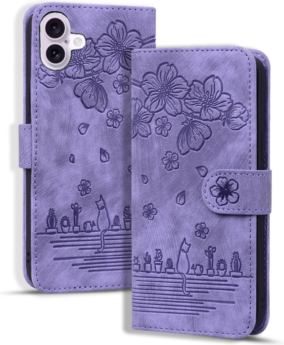 BookCover Hoes Etui geschikt voor iPhone 16 - Paars - Bloemen Kat - Reliëf