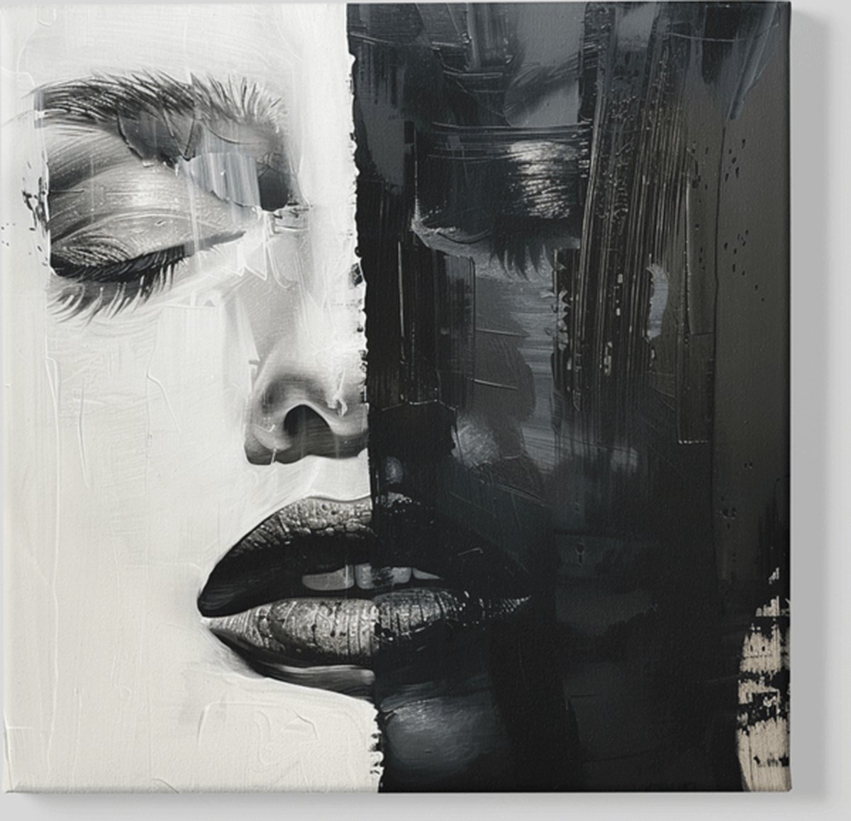 Vierkant Canvas Schilderij - Vrouw Gezicht - Zwart - Wit - 60x60x2 cm