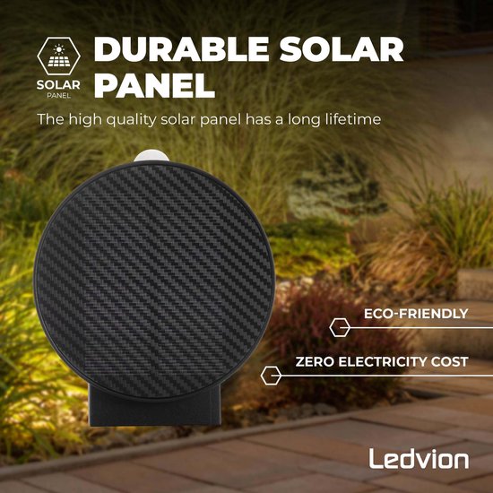 Ledvion - Lampe d'extérieur sur Solar LED , 0,5 W, 3000 K, IP44, Zwart et ronde, avec support. Capteur de mouvement, énergie solaire, économe en énergie et résistant aux intempéries