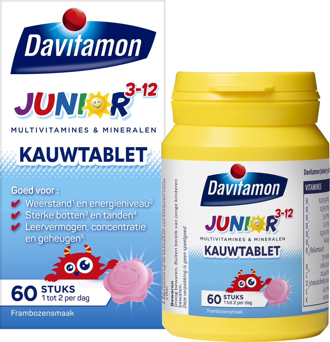 Goedkoopste Davitamon Junior 3 kauwvitamines - multivitamine kinderen - framboos - 60 tabletten