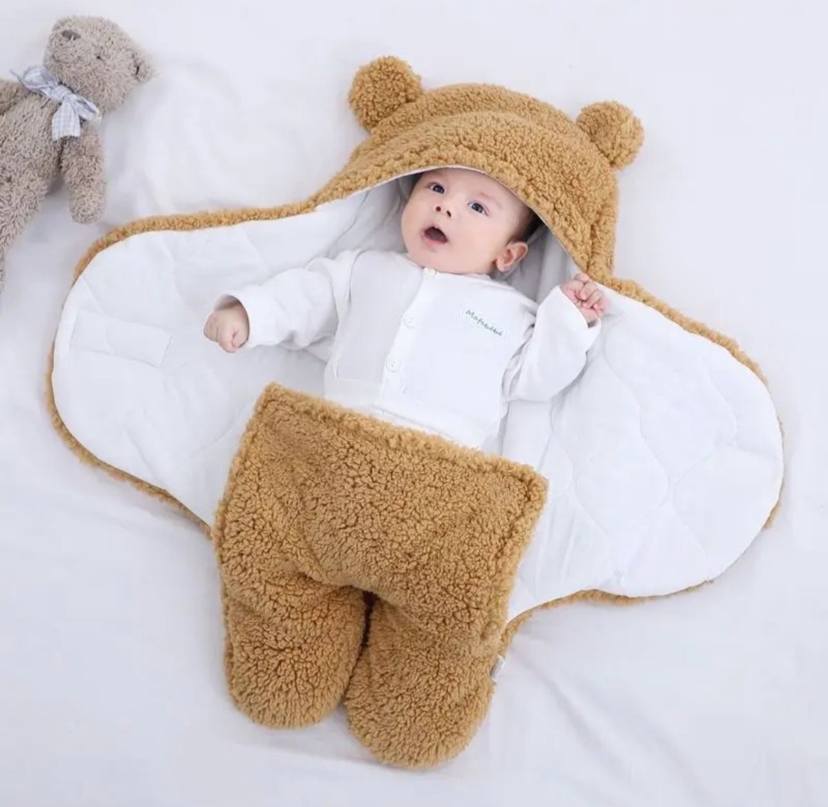 Fleece wikkeldeken bruin - Babyslaapzak - wikkeldoek baby - inbakerdoek baby - teddy inbakerdoek - teddy wikkeldeken - winter slaapzak - winter voetenzak - baby fleece winterpak – foto 3