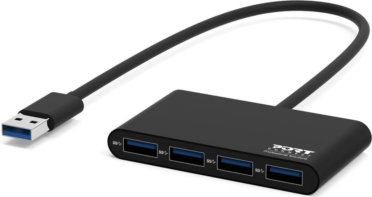 Port Connect - Mobiele USB-A Hub - 4x USB-A 3.0 Poorten - 30 cm Kabel - Zwart