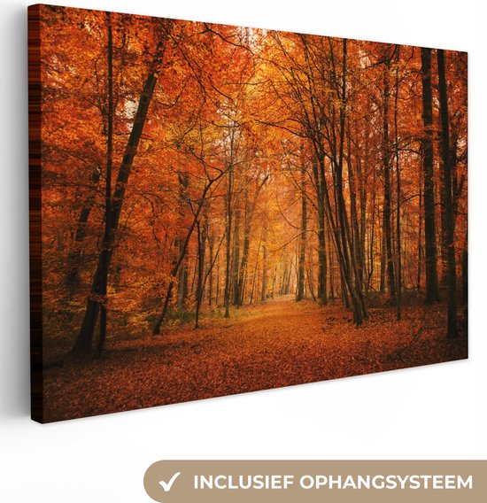 Een schilderij van een bosweg bedekt met rode bladeren, omringd door bomen met oranje en rode herfstbladeren. Inclusief ophangsysteem.