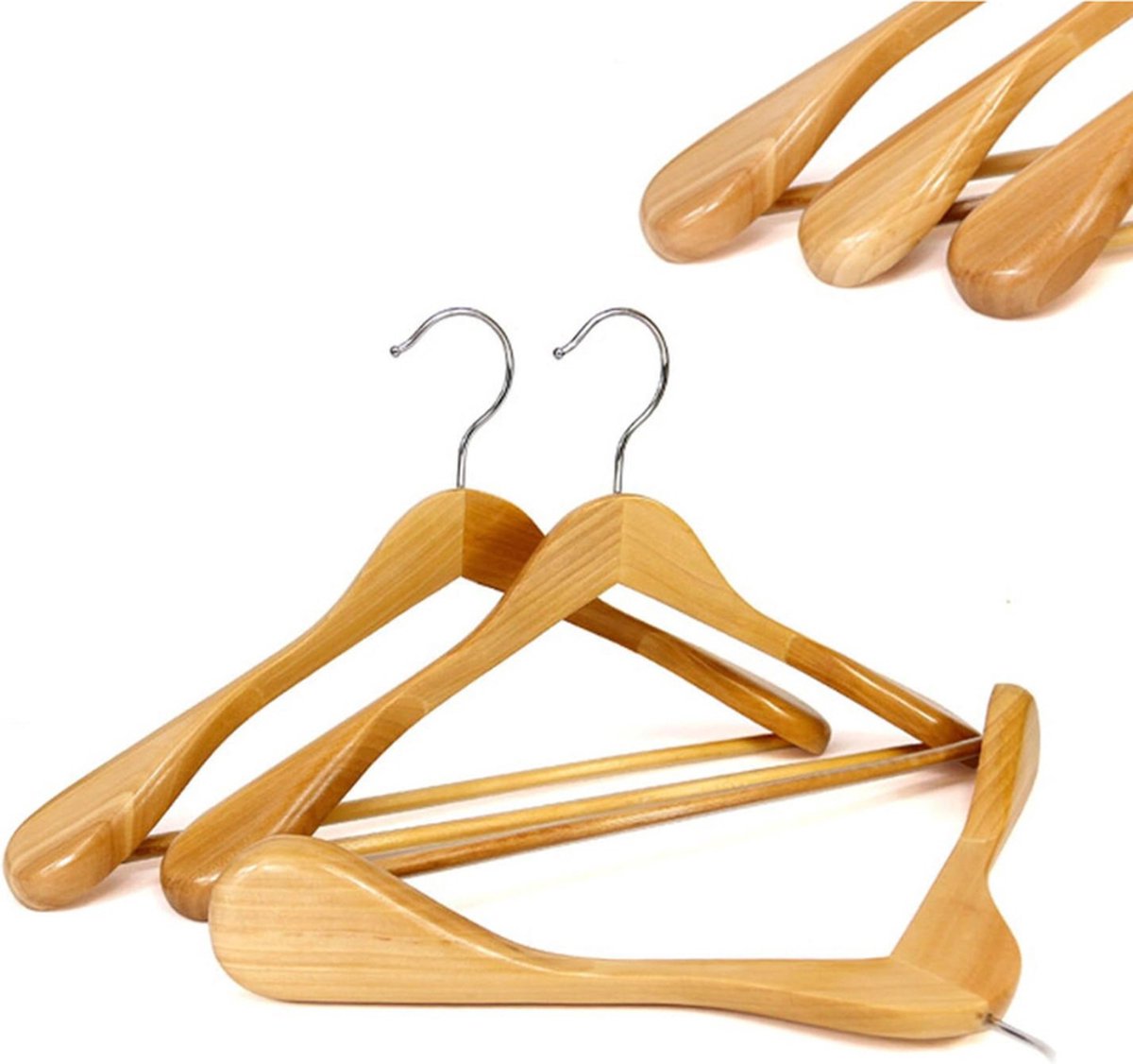 Set Van 6 Houten Kleerhangers Met Antislip Broekstang En Brede Schouderranden – Natuurlijke Kwaliteit Voor Optimale Kledingondersteuning