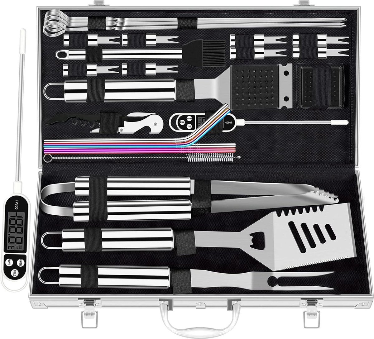 Extra dikke grillset voor mannen BBQ set met vleesthermometer 26 delig in aluminium koffer