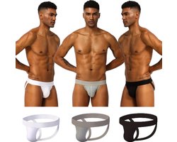 LekkerStout 3-Pack Jockstraps - Wit/Taupe/Zwart - Sexy Herenondergoed | L | ( LS184 )