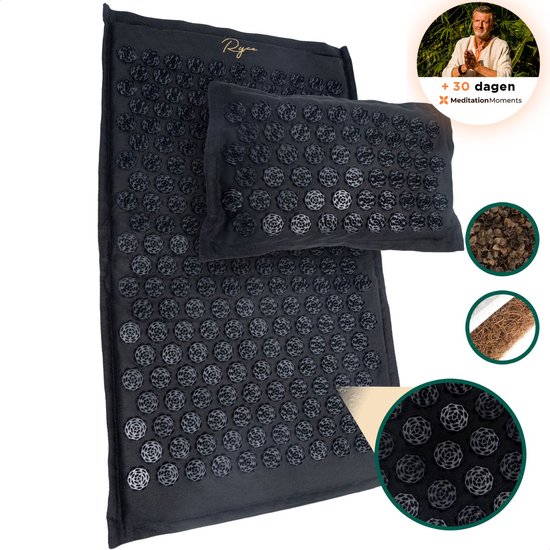 Foto: Ryce nature spijkermat met kussen en draagtas zwart shakti mat acupressuur massagemat matras met kussen spijkerbed spijkermatten milieu vriendelijk 74x44 cm