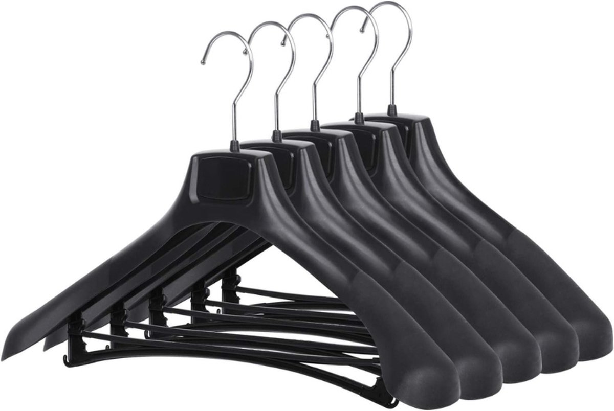 Set Van 5 Brede Zwarte Plastic Kleerhangers Voor Pakken - Jassen En Broeken – Ideaal Voor Een Perfecte Kledingpresentatie