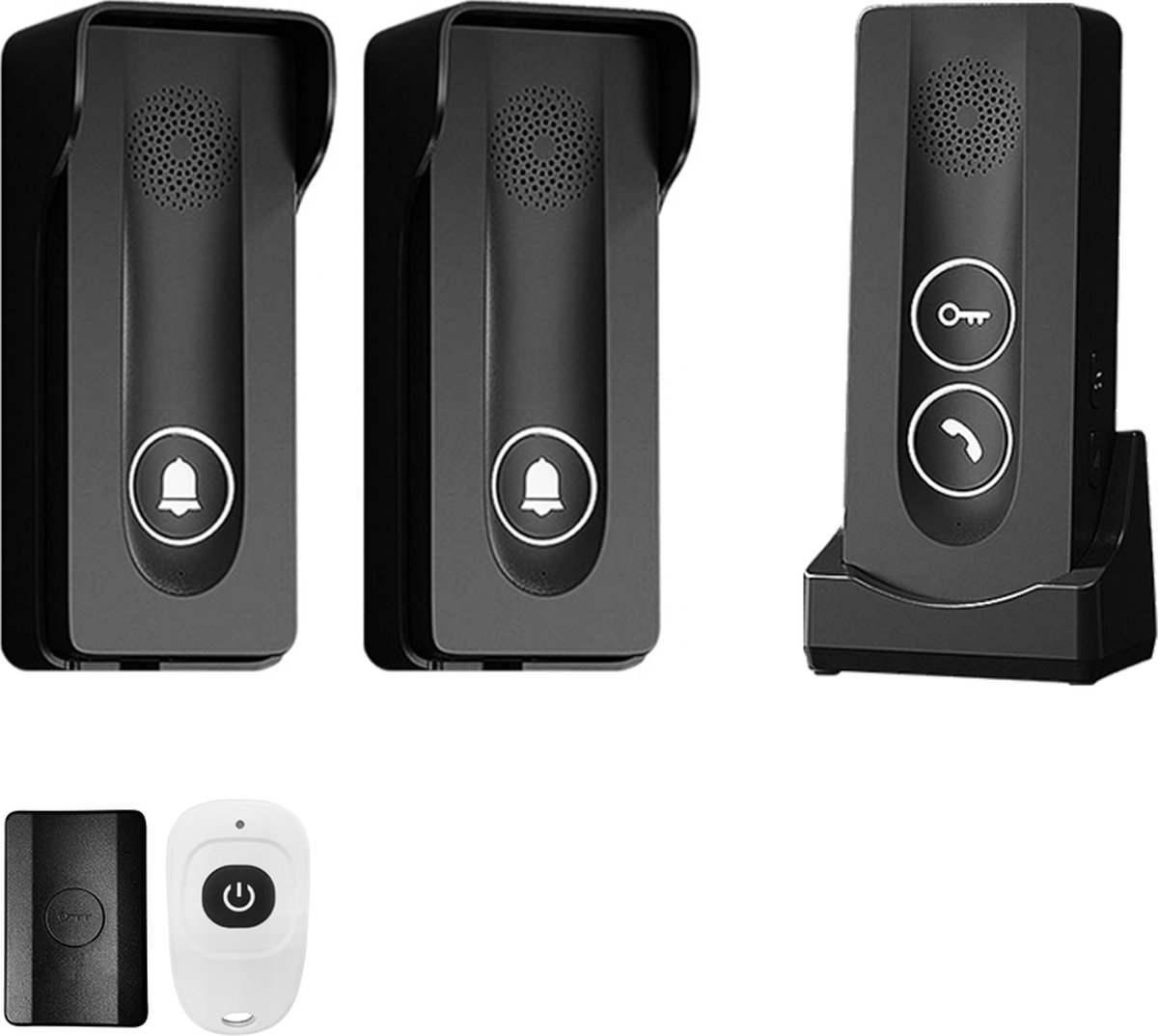 Doorsafe 1902 | Draadloze deurbel intercom / parlofoon met regenkap | werkt op 5V of op meegeleverde batterijen | met 2 x deurbel | draadloze unlock module | zwart